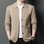 Men's Textured Pocket Collar Cardigan. Pointed collar and button front.