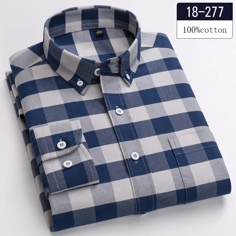 Men's Cotton Check & Stripe Button-Down Shirt. Button-down collar and button front.