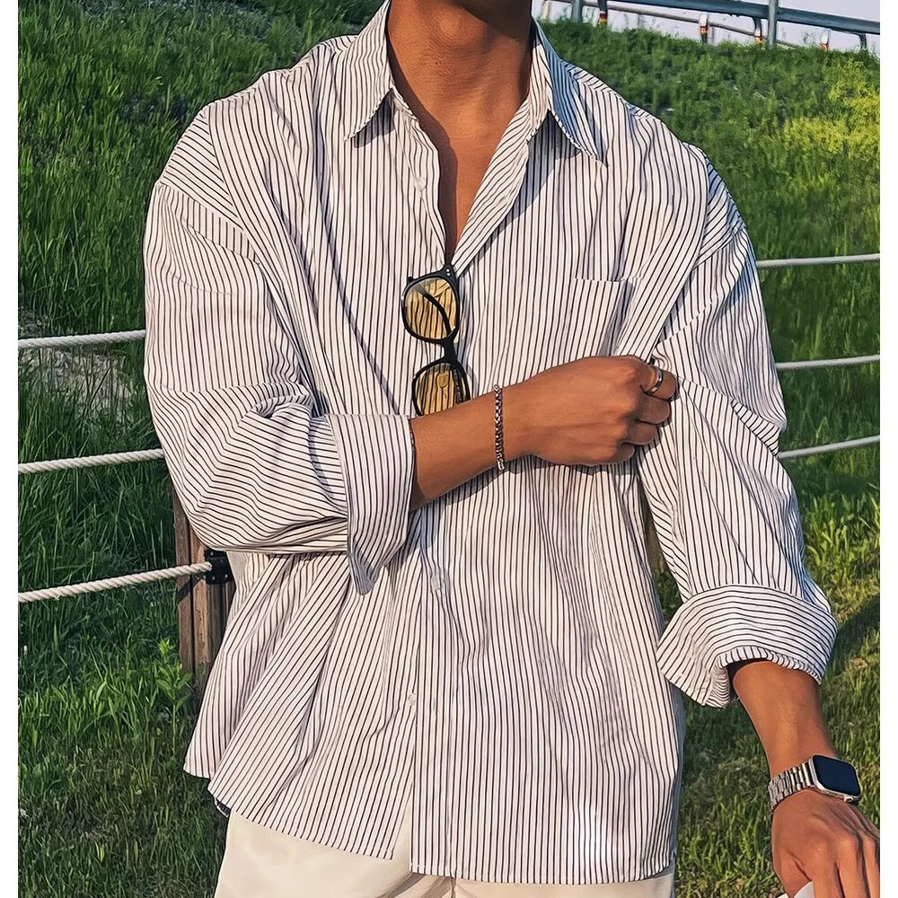Men's Relaxed Polyester Stripe Shirt. Polyester fabric.