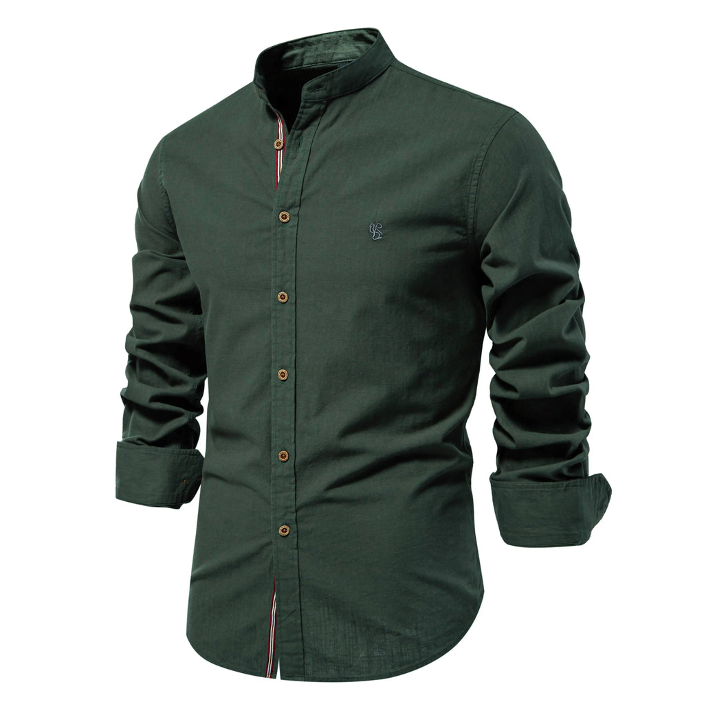 Men's Cotton Grandad-Collar Contrast Shirt. Grandad collar.