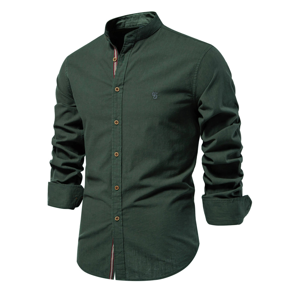 Men's Cotton Grandad-Collar Contrast Shirt. Grandad collar.