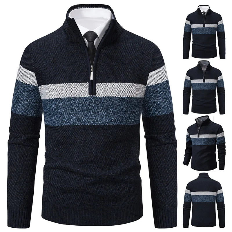 Men's Striped Winter Quarter-Zip Jumper. Quarter-zip fastening.