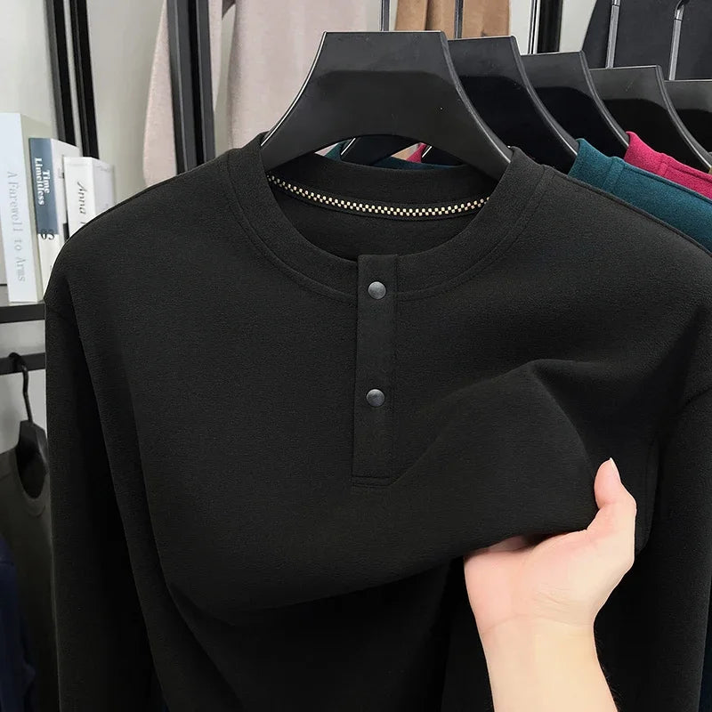 Men's Brushed Long-Sleeve Henley Top. Brushed finish.