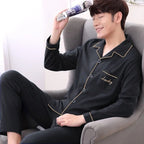 Men's Piped Long-Sleeve Lounge Pyjamas. Polyester fabric.