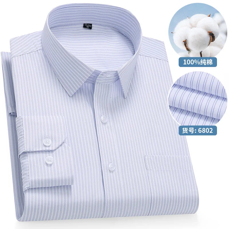 Men's Cotton Long-Sleeve Stripe Pocket Shirt. 100% cotton.