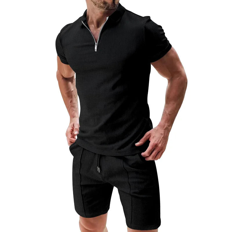 Men's Waffle Zip-Polo & Shorts Set. Matching two-piece set.