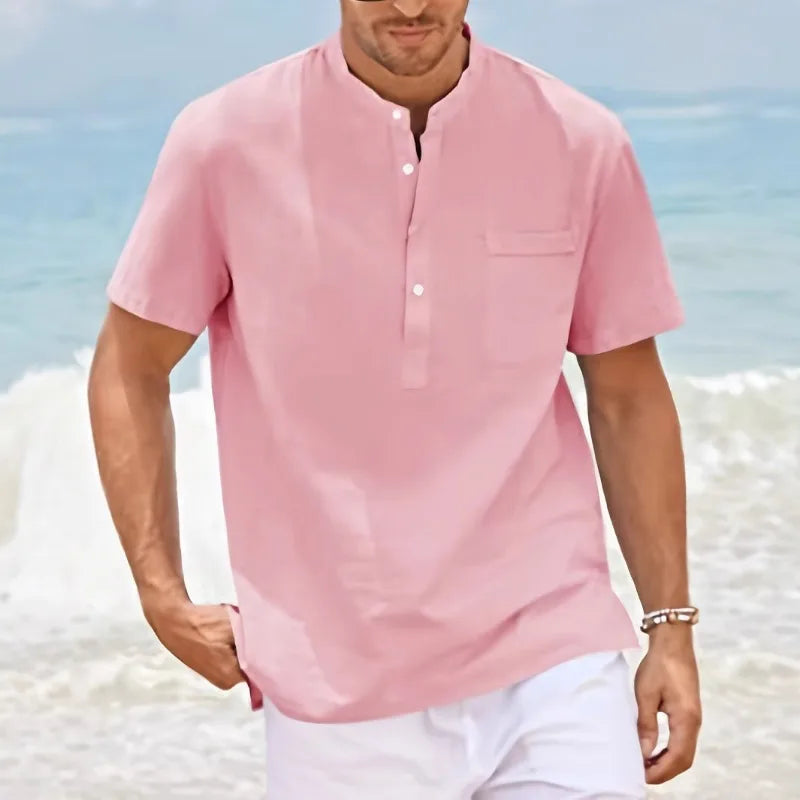 Men's Linen-Look Stand-Collar Pocket Top. Short stand collar.