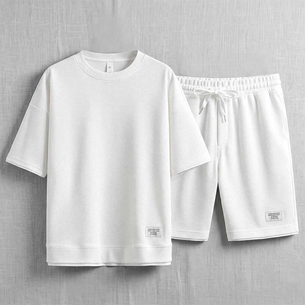 Men's Waffle T-Shirt & Lounge Shorts Set. Matching tee and shorts.