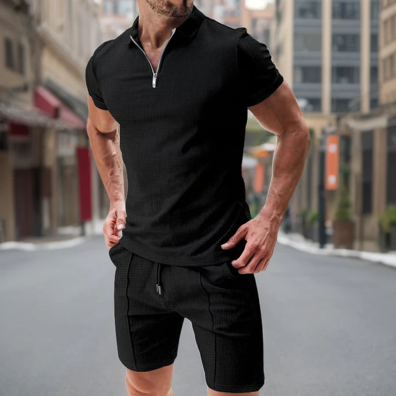 Men's Waffle Zip-Polo & Shorts Set. Matching two-piece set.