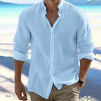 Men's Cotton-Linen Grandad-Collar Shirt. Cotton-linen blend.