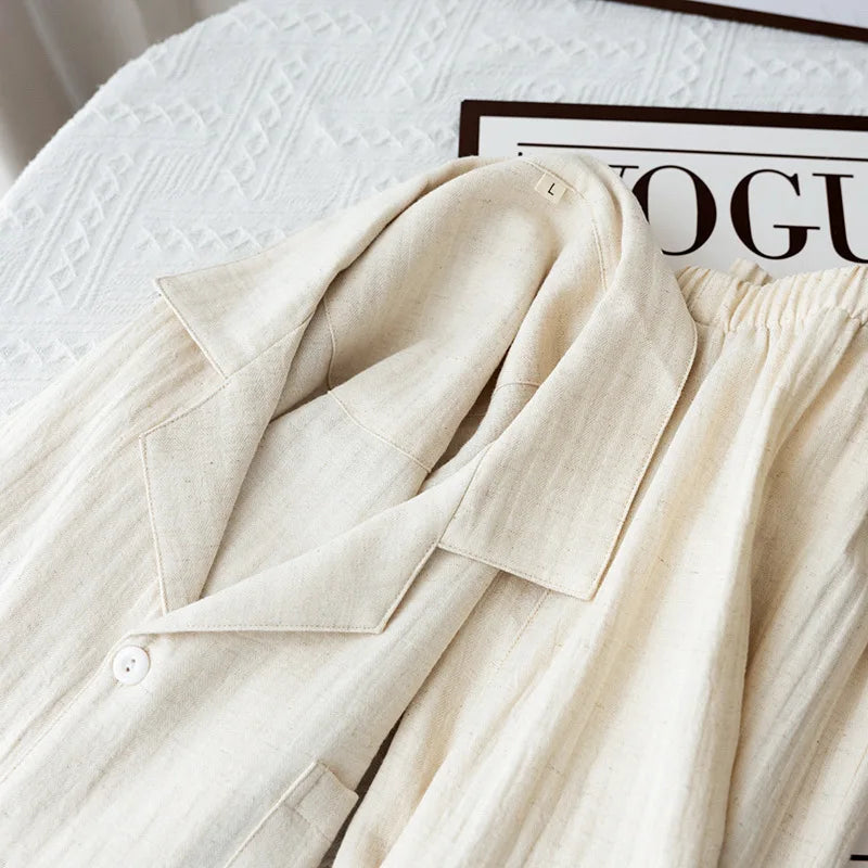 Men's Cream Gauze Cotton Long Pyjamas. Cotton gauze.