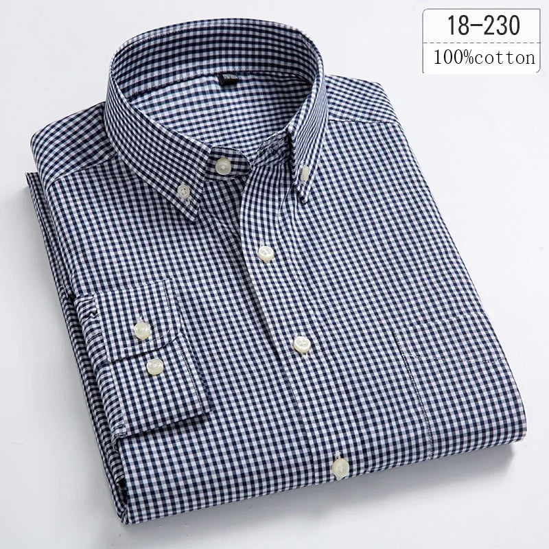 Men's Cotton Check & Stripe Button-Down Shirt. Button-down collar and button front.