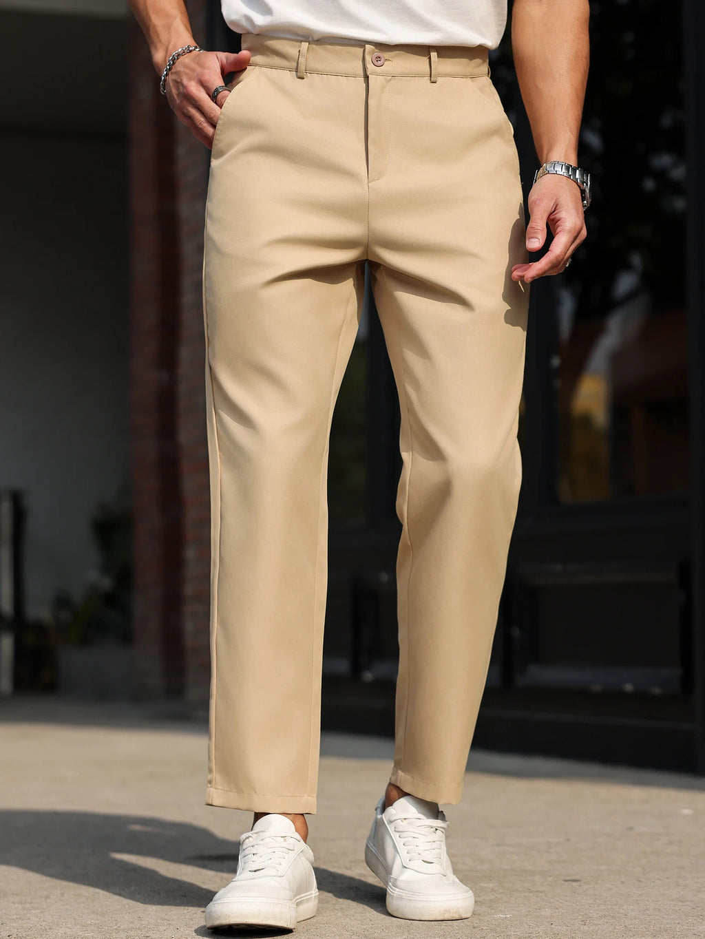 Men's Slim Ankle-Length Dress Trousers. Polyester fabric.
