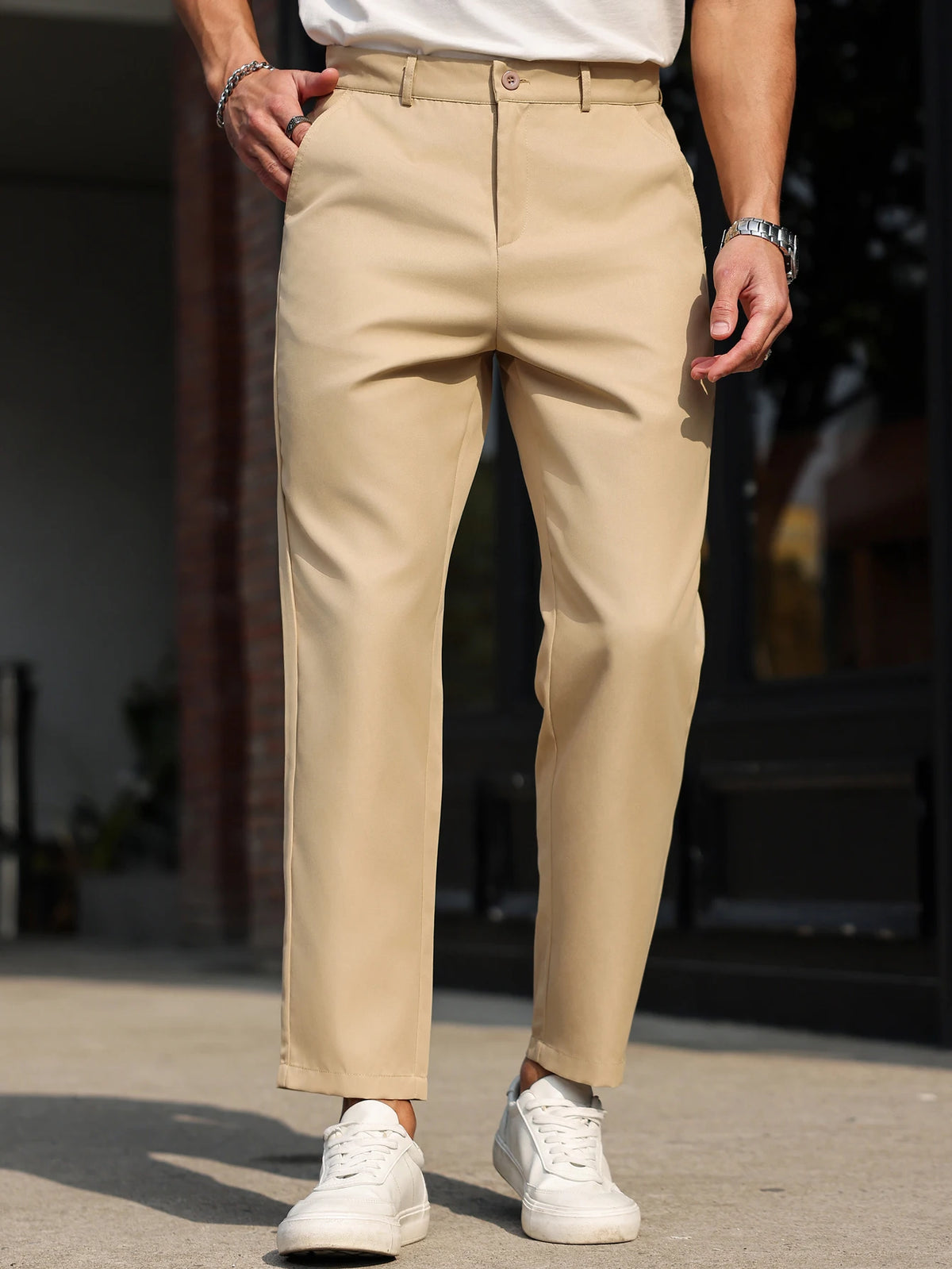 Men's Slim Ankle-Length Dress Trousers. Polyester fabric.