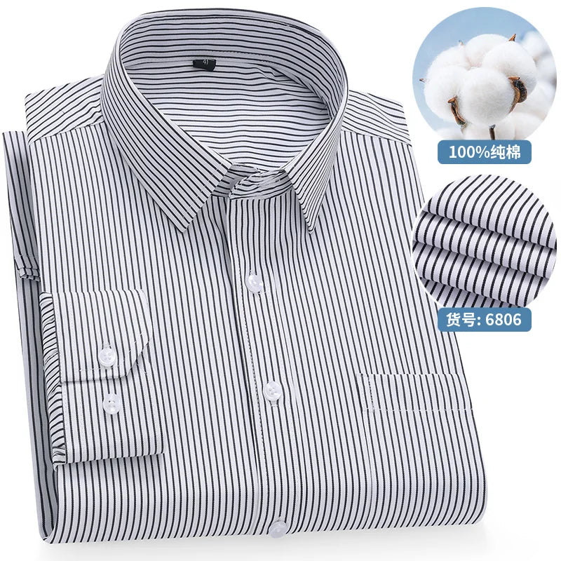 Men's Cotton Long-Sleeve Stripe Pocket Shirt. 100% cotton.