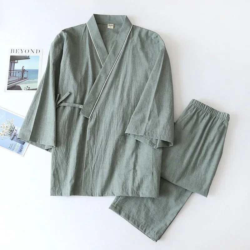 Men's Piped Cotton Kimono Lounge Set. Crinkled cotton fabric.