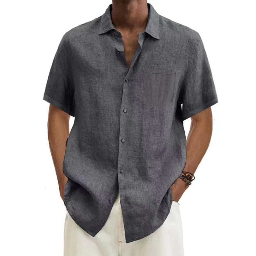 Men's Relaxed Short-Sleeve Cotton-Linen Shirt. Cotton-linen blend.