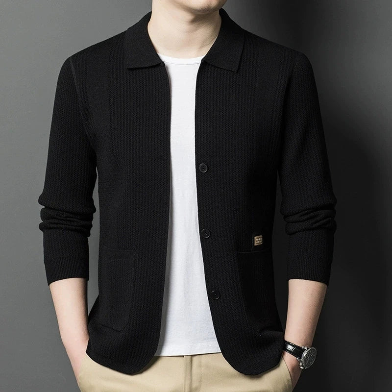 Men's Textured Pocket Collar Cardigan. Pointed collar and button front.