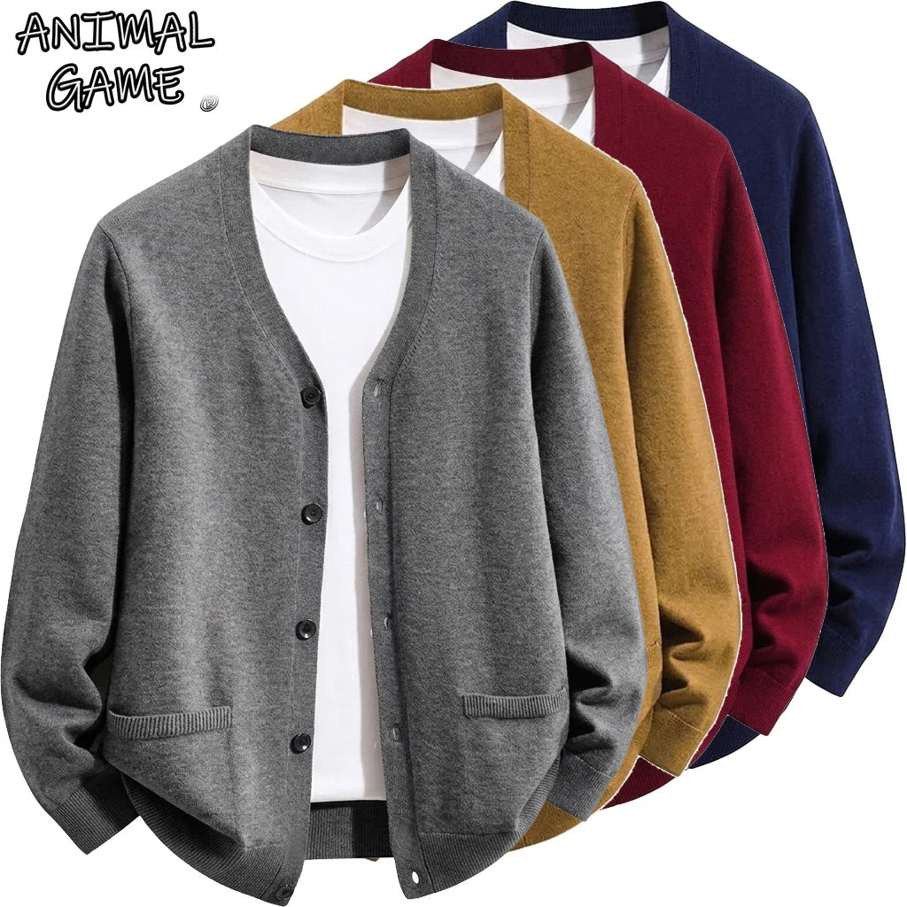 Men's Relaxed V-Neck Pocket Cardigan. V-neckline.