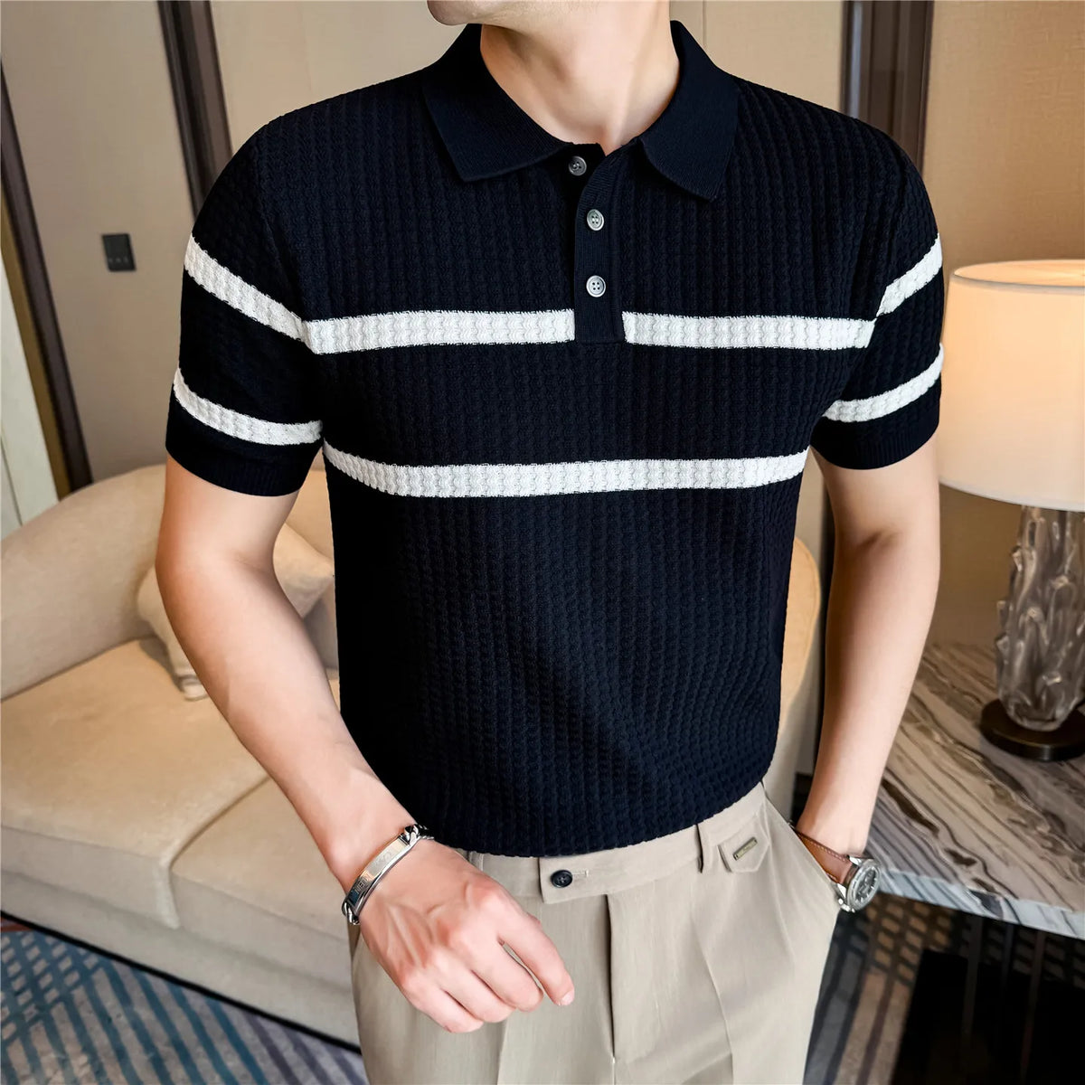 Men's Textured Contrast-Stripe Knit Polo. Textured knit.