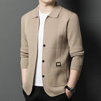 Men's Textured Pocket Collar Cardigan. Pointed collar and button front.