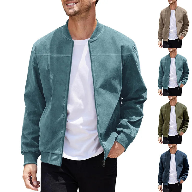 Men's Suede-Look Rib-Trim Bomber Jacket. Suede-look finish.