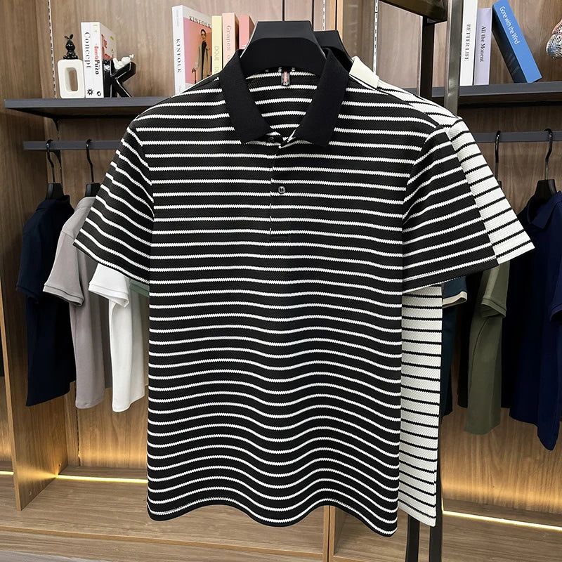 Men's Fine-Stripe Short-Sleeve Polo. Fine horizontal stripes.