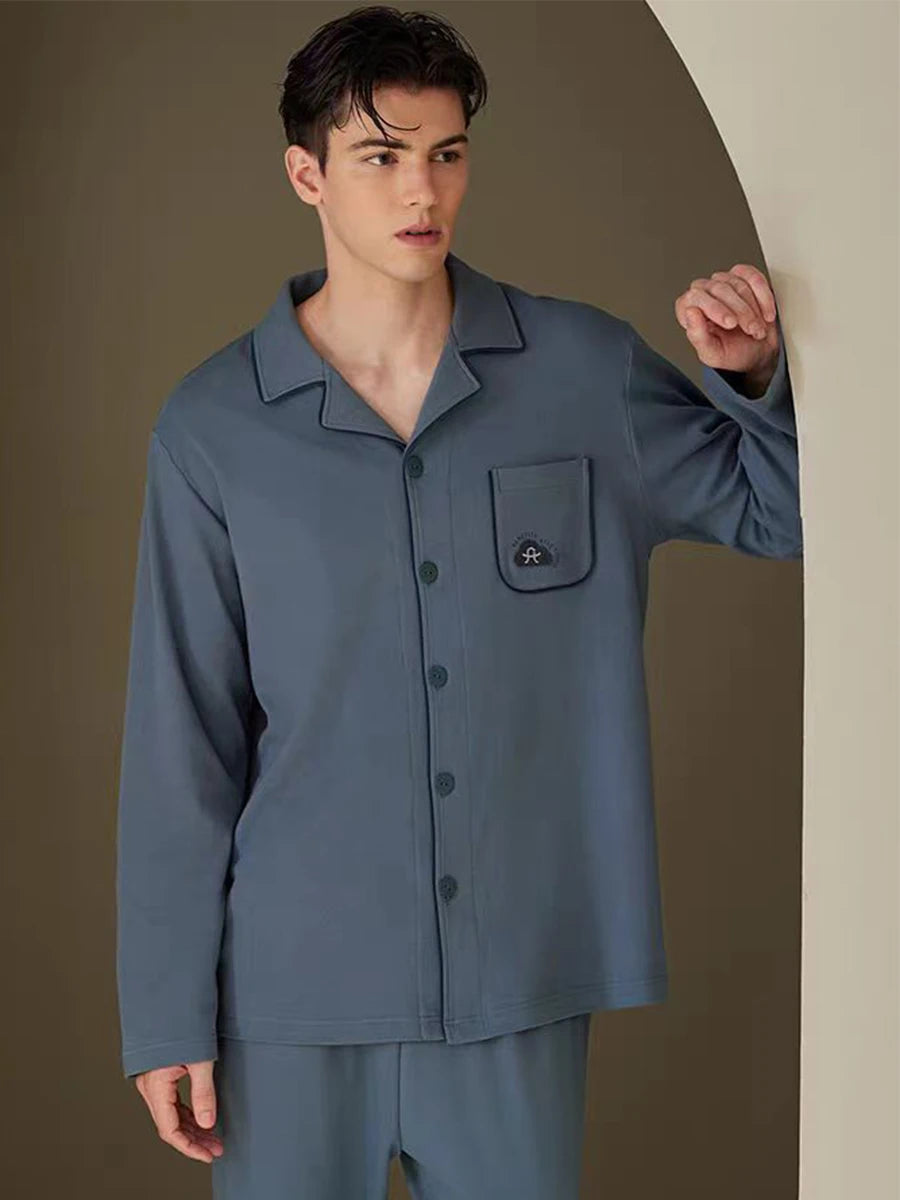 Men's Piped Long-Sleeve Lounge Pyjamas. Polyester fabric.