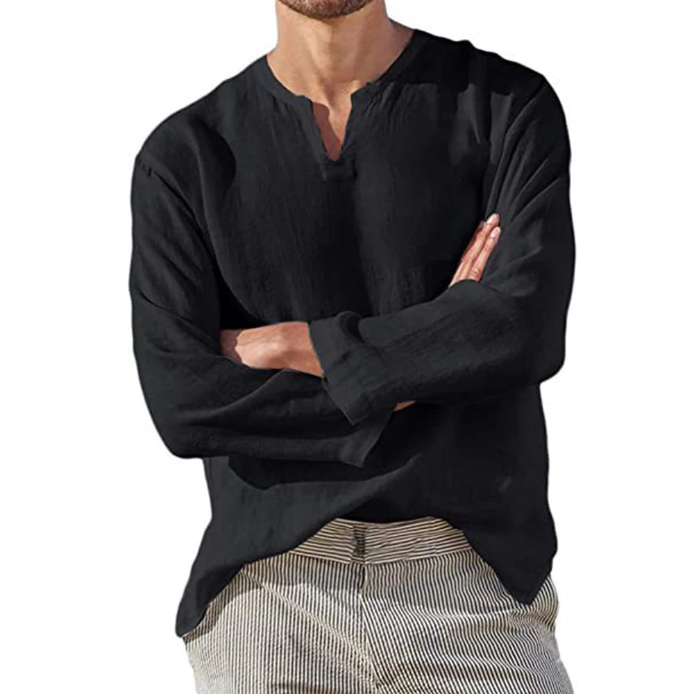Men's Cotton-Linen V-Neck Pullover Shirt. Cotton and linen blend.