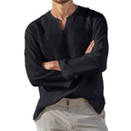 Men's Cotton-Linen V-Neck Pullover Shirt. Cotton and linen blend.