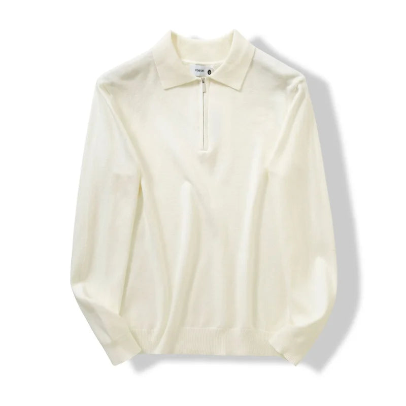 Men's Collared Zip-Neck Knit Polo. Fold-over polo collar.