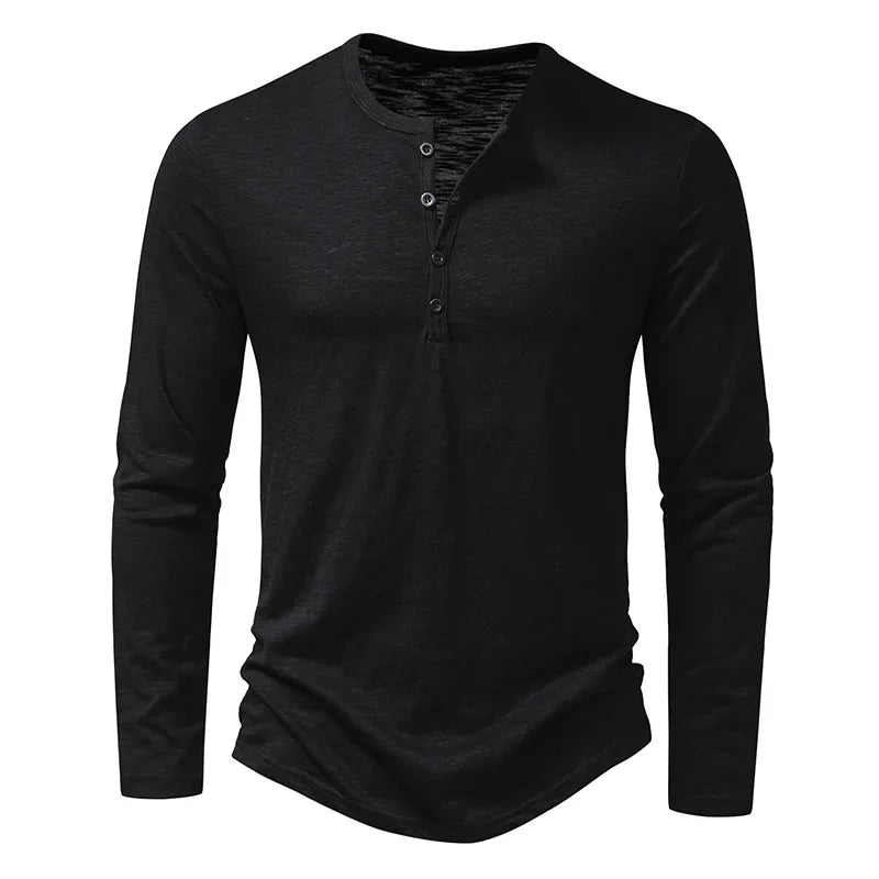 Men's Cotton Long-Sleeve Button Henley. Cotton fabric.