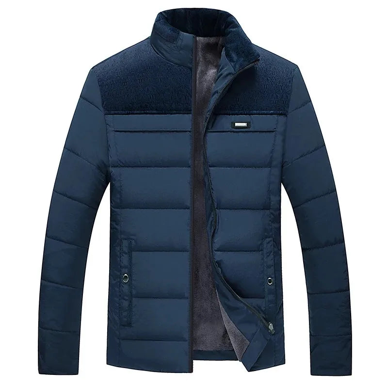 Men's Plush-Lined Quilted Puffer Jacket. Horizontal quilting with textured shoulder and chest panels.