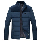 Men's Plush-Lined Quilted Puffer Jacket. Horizontal quilting with textured shoulder and chest panels.