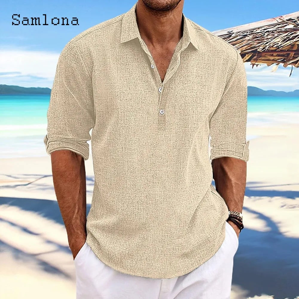 Men's Long-Sleeve Cotton-Linen Popover Shirt. Cotton-linen blend.
