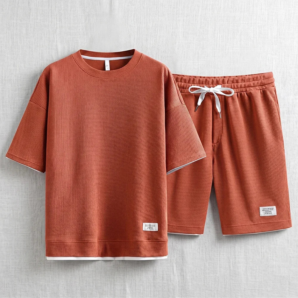 Men's Waffle T-Shirt & Lounge Shorts Set. Matching tee and shorts.