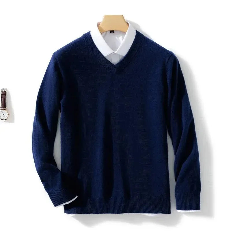 Men's Classic Fine-Knit V-Neck Jumper. V-neckline.