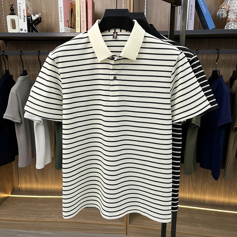 Men's Fine-Stripe Short-Sleeve Polo. Fine horizontal stripes.