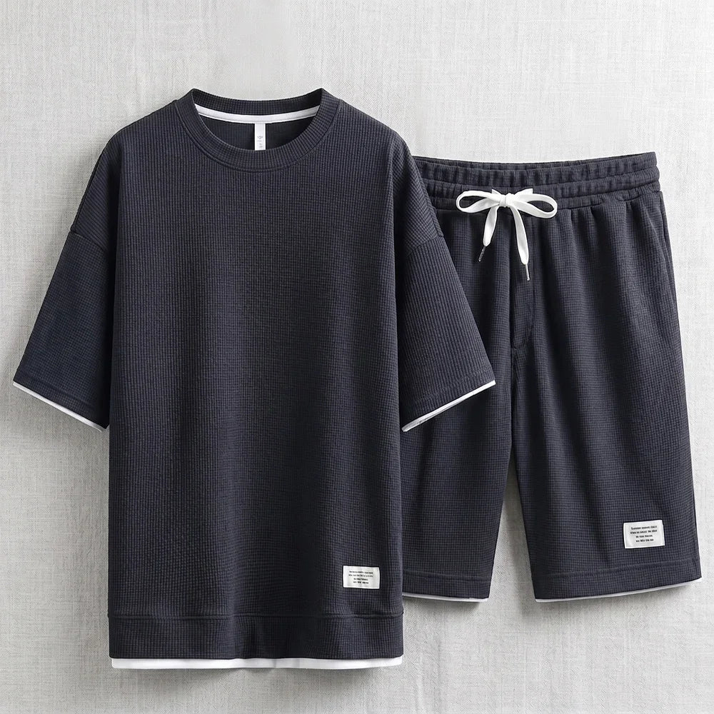 Men's Waffle T-Shirt & Lounge Shorts Set. Matching tee and shorts.