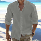 Men's Cotton-Linen Grandad-Collar Shirt. Cotton-linen blend.