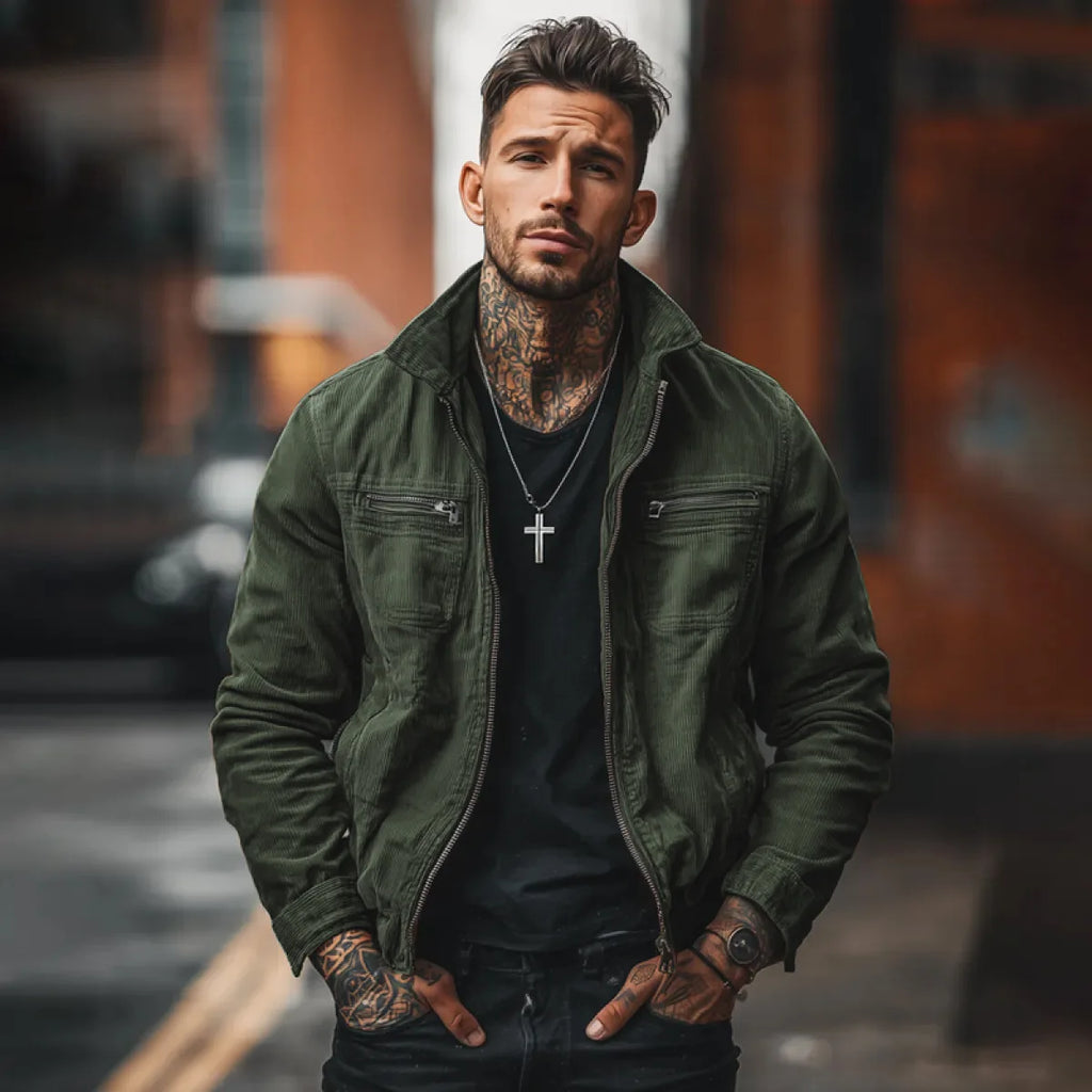 Men's Corduroy Zip-Front Workwear Jacket. Corduroy texture.