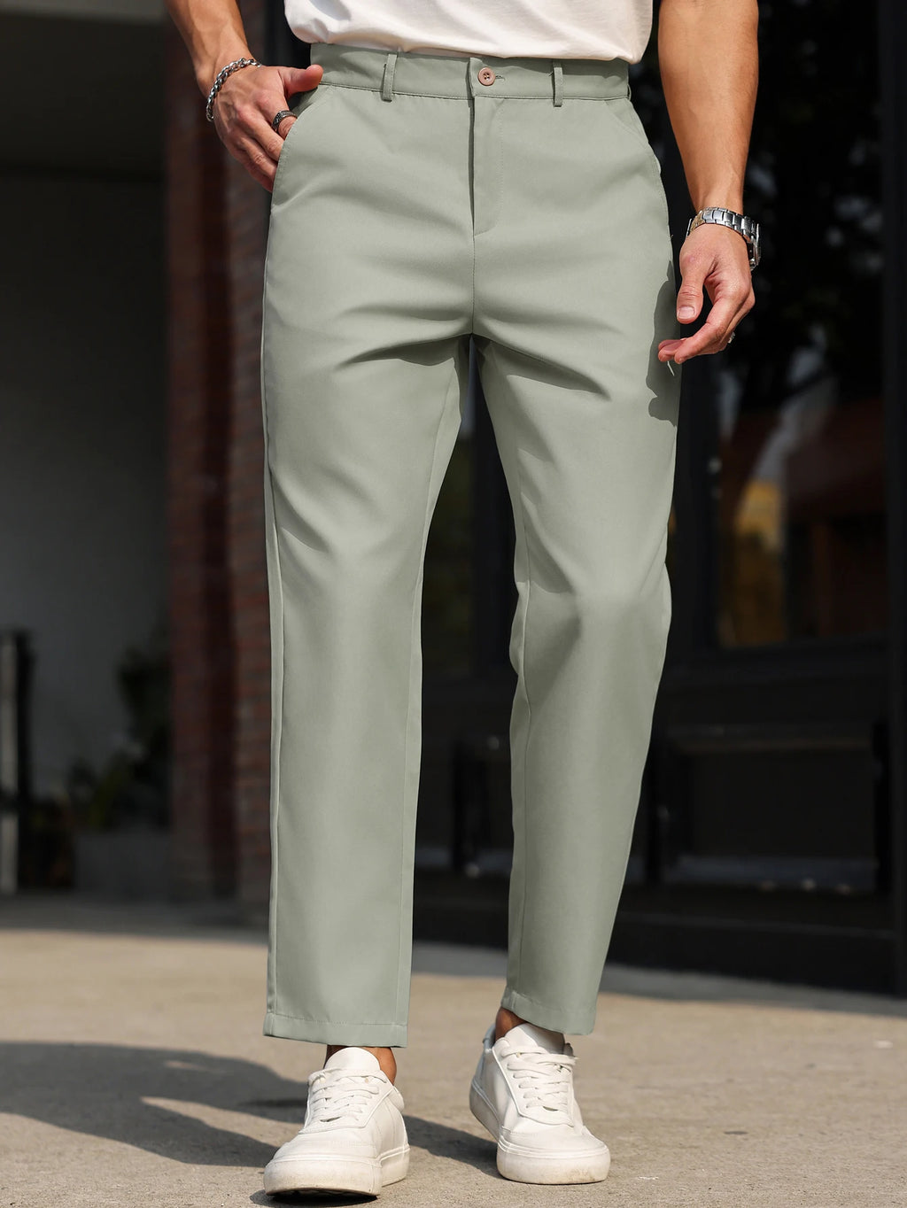 Men's Slim Ankle-Length Dress Trousers. Polyester fabric.