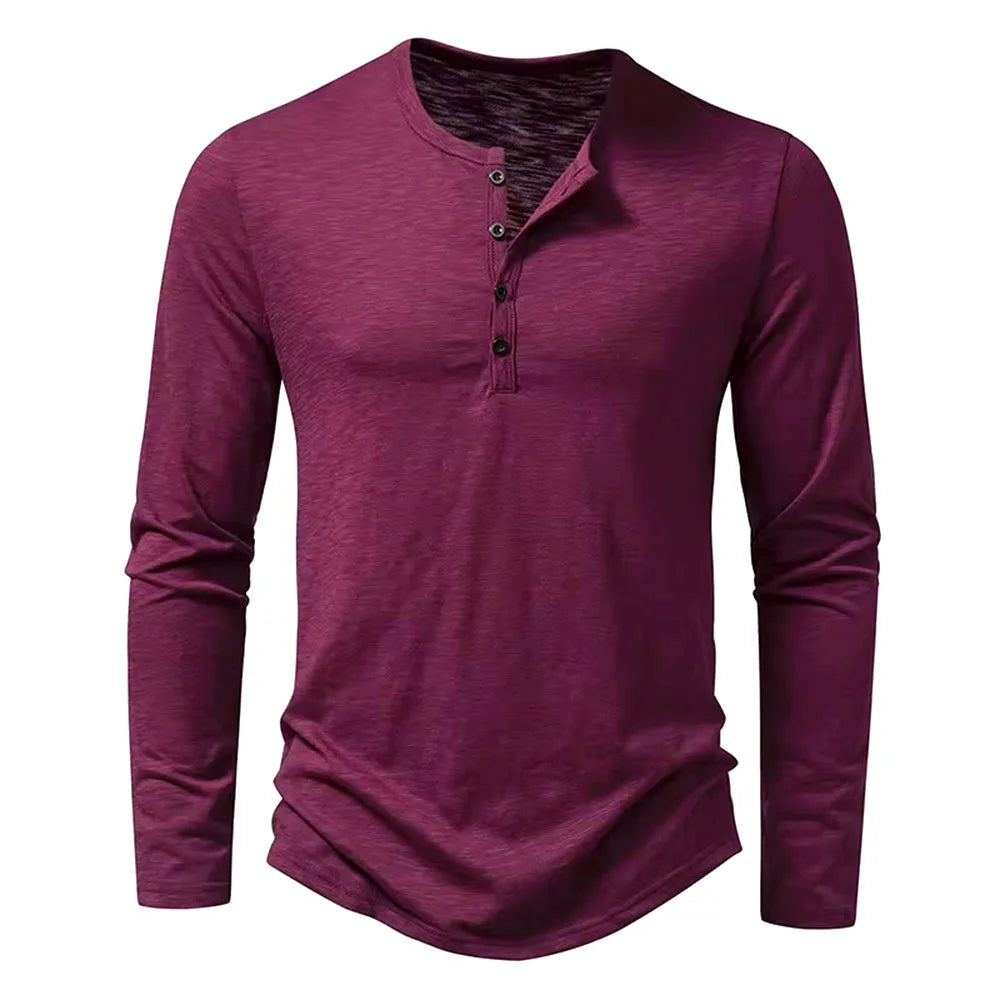 Men's Cotton Long-Sleeve Button Henley. Cotton fabric.