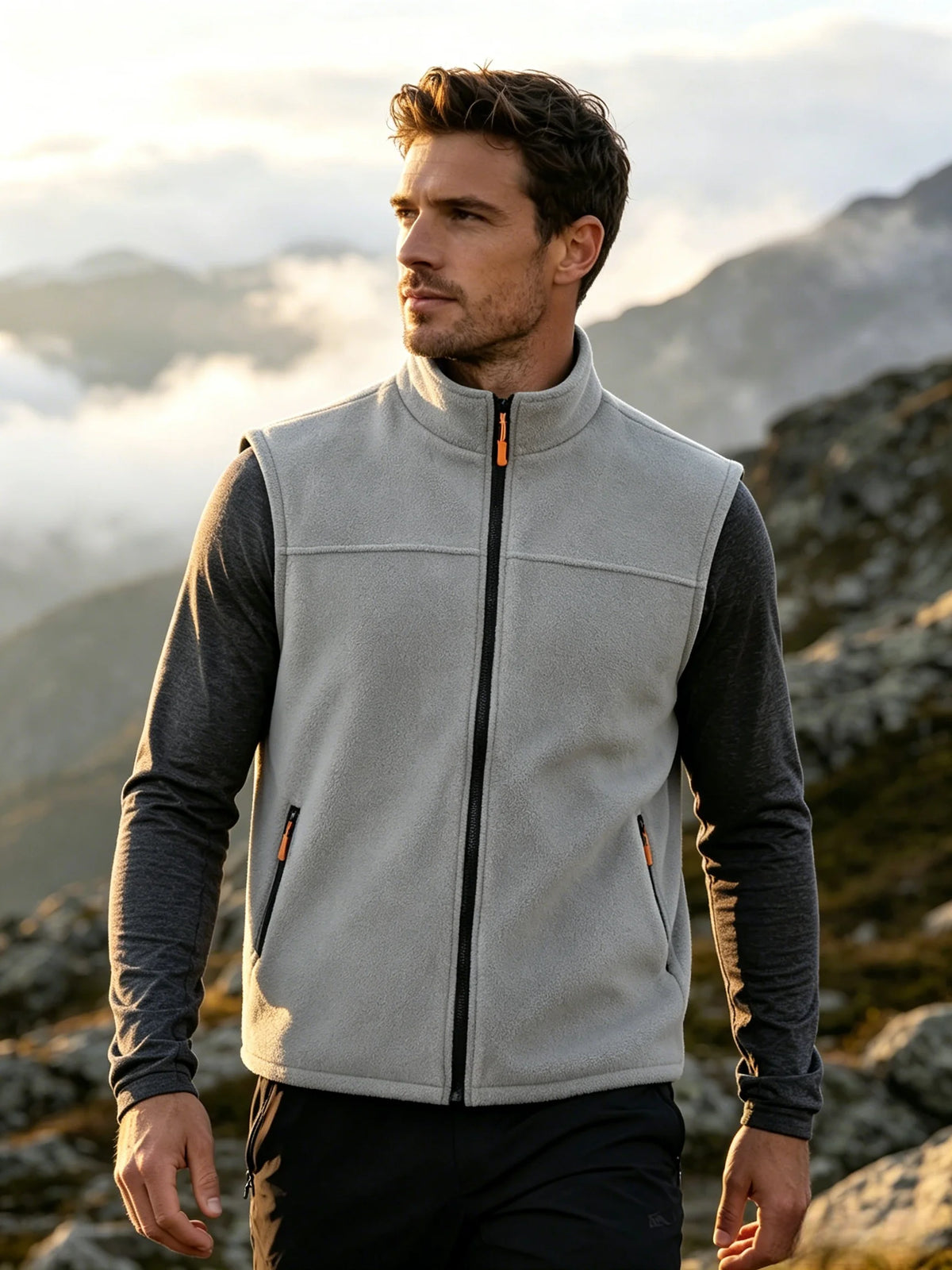 Men's Stand-Collar Zip-Front Fleece Gilet. Fleece texture.