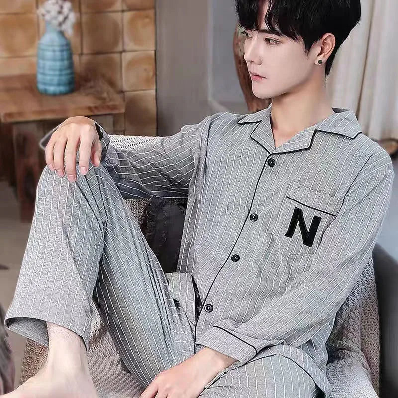 Men's Piped Long-Sleeve Lounge Pyjamas. Polyester fabric.