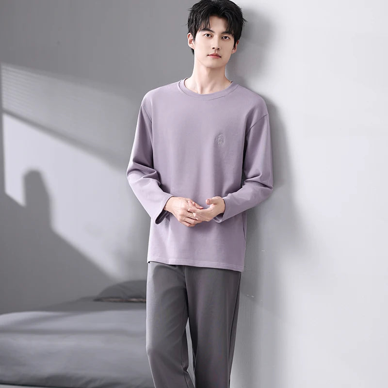 Men's Relaxed Cotton Crew-Neck Lounge Set. Cotton fabric.