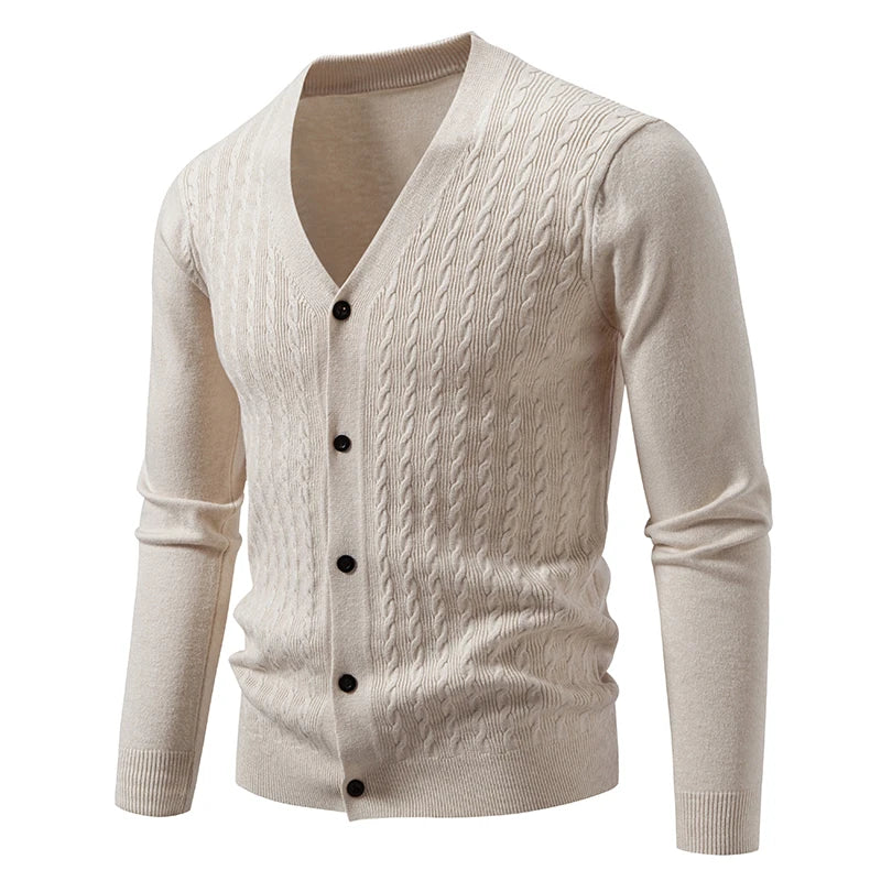 Men's Cable-Knit V-Neck Cardigan. Cable-knit texture.