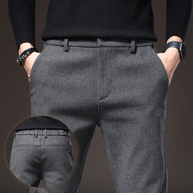 Men's Textured Smart Stretch Trousers. Polyester blend with viscose, nylon, cotton and elastane.