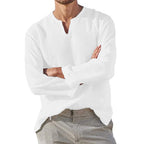 Men's Cotton-Linen V-Neck Pullover Shirt. Cotton and linen blend.
