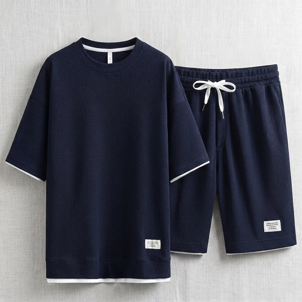 Men's Waffle T-Shirt & Lounge Shorts Set. Matching tee and shorts.